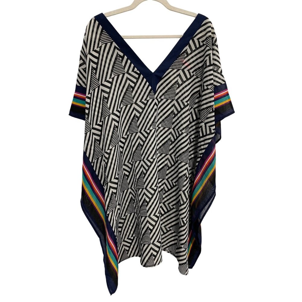 Ruby Ribbon Poncho Cover Up One Size Short Sleeve Geometric Rainbow Stripes NEW